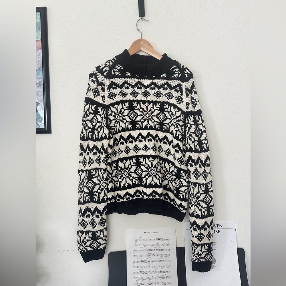 Ann Taylor Fair Isle Snowflake Sweater Black White Nordic Cozy Knit Sz XL